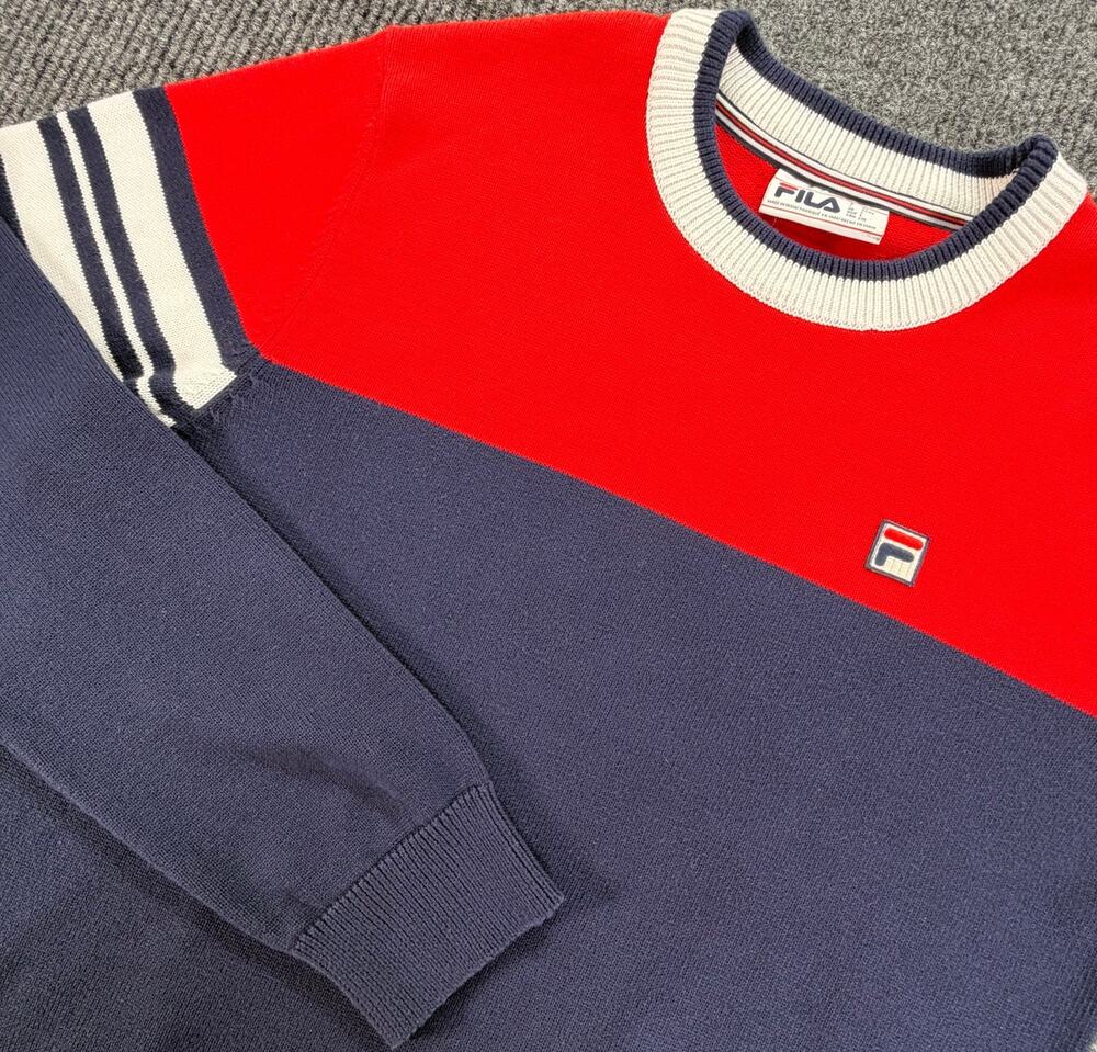 FILA Men’s L Crewneck Sweater Red Navy Colorblock Striped Logo Cotton Retro
